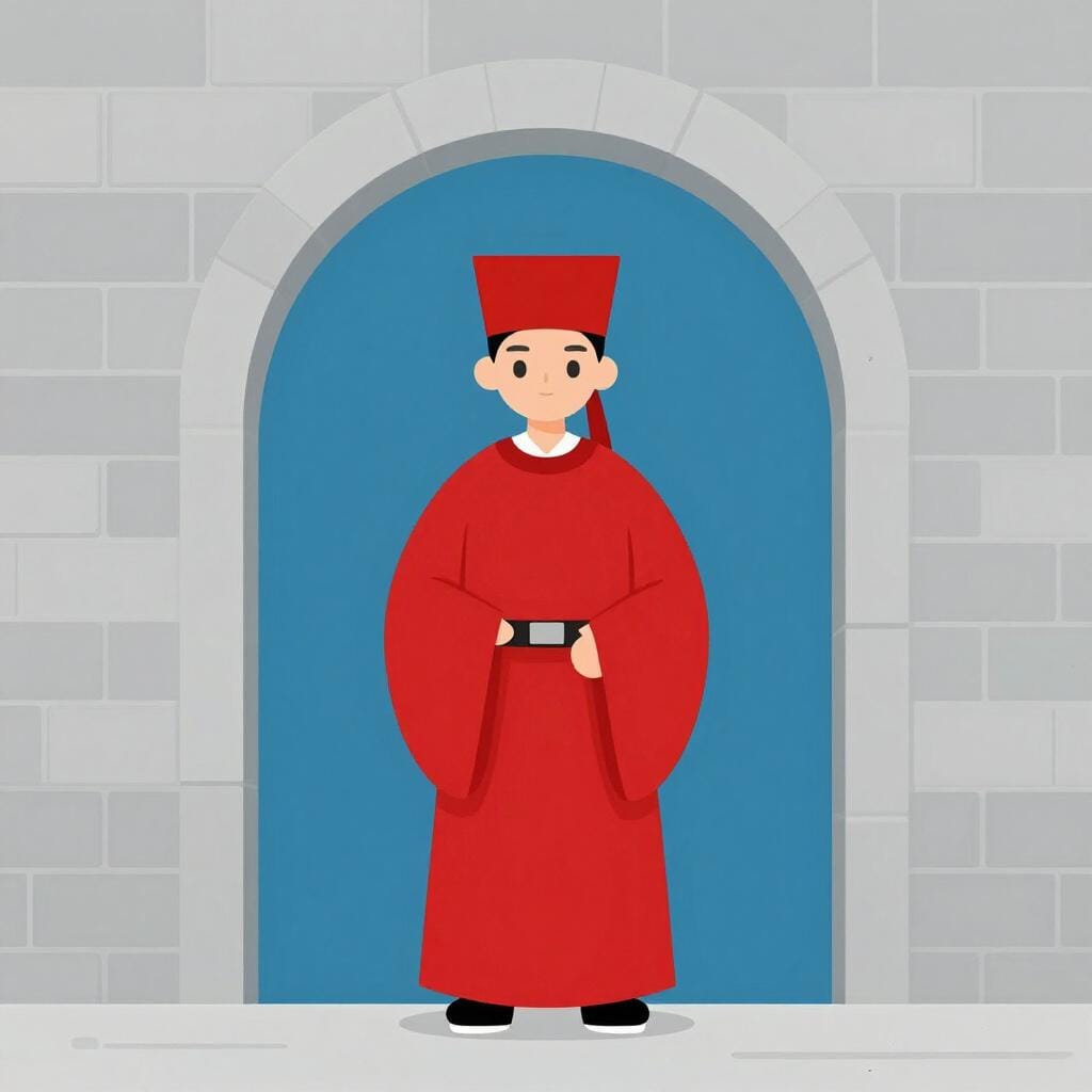 A person wearing a long red robe and a red hat, standing in a grand stone hallway.