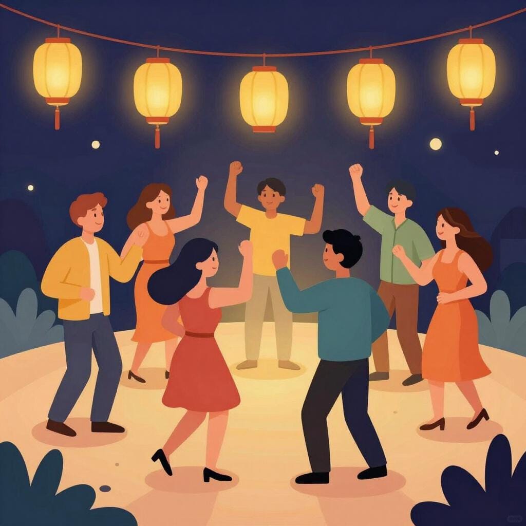 Eine Gruppe fröhlicher Menschen tanzt zusammen unter bunten Hängelaternen.