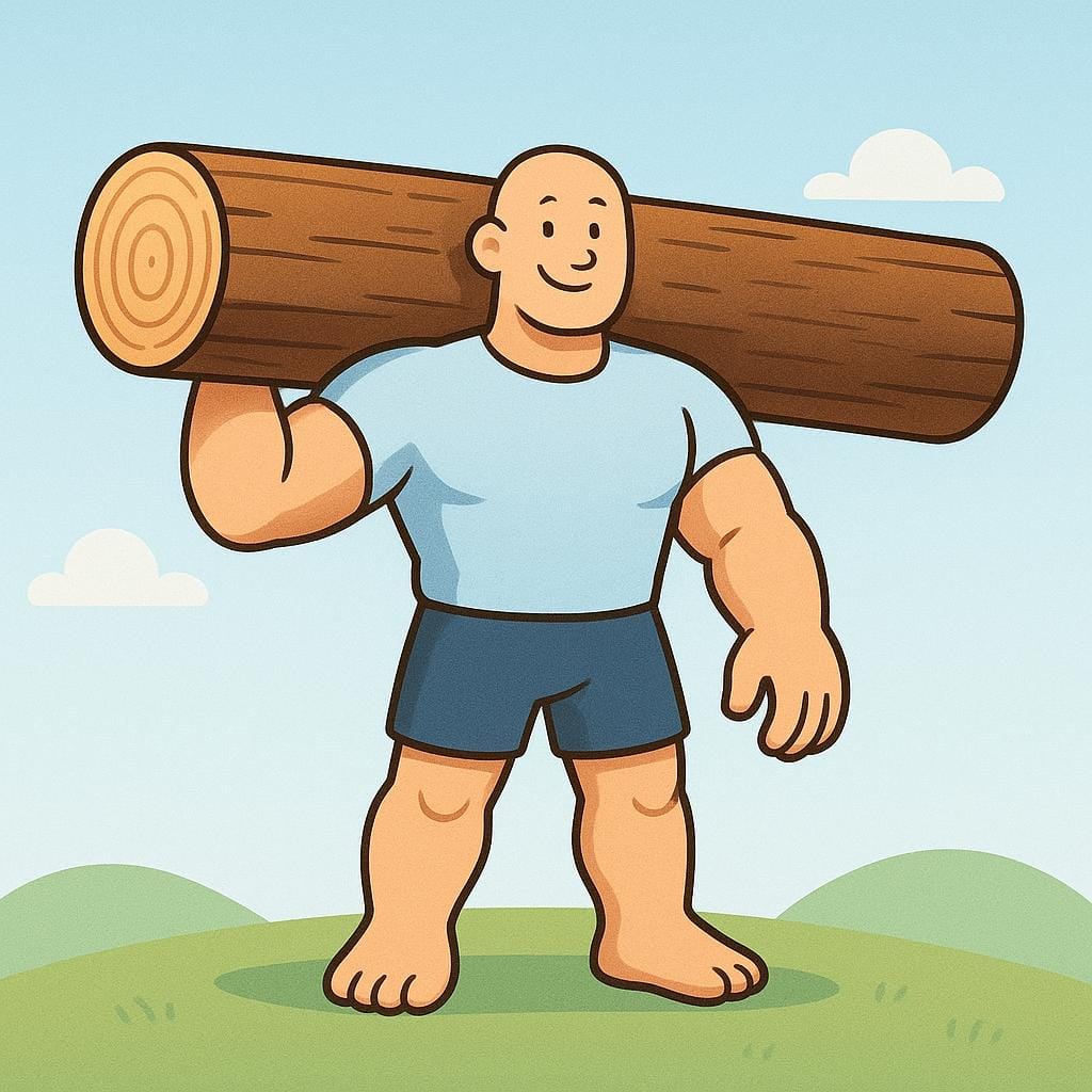 A simple, cartoonishly muscular person standing firmly, effortlessly carrying a massive, thick wooden log across their shoulders, showcasing physical strength.