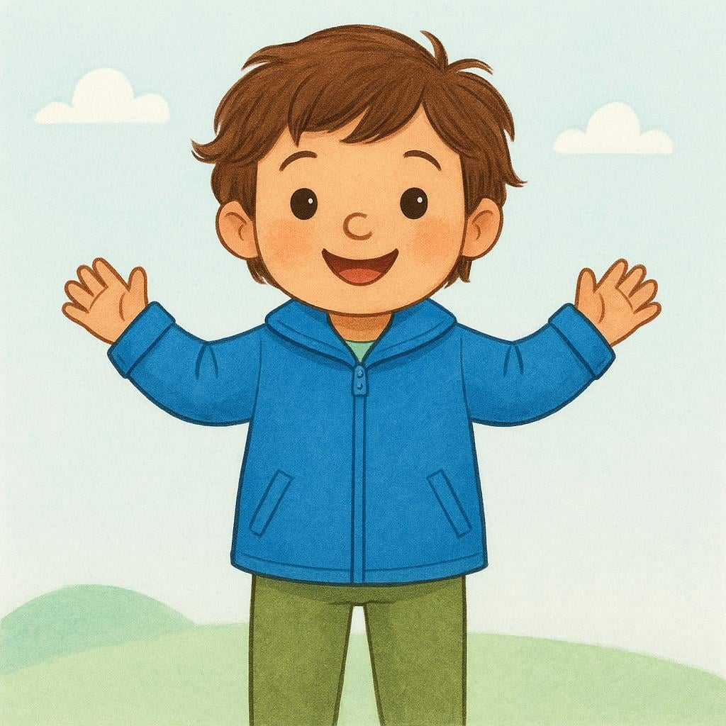 A cheerful child wearing a bright blue jacket that fits perfectly, raising their arms slightly to show the good fit.