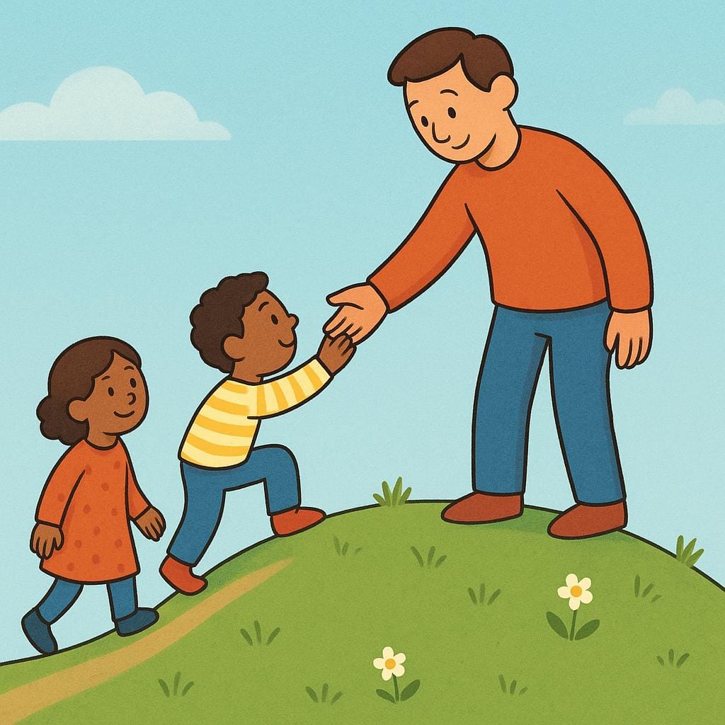 Une illustration colorée de livre d'histoires montrant un personnage grand tendant la main vers le bas pour aider trois personnages plus petits à grimper une petite pente herbeuse.