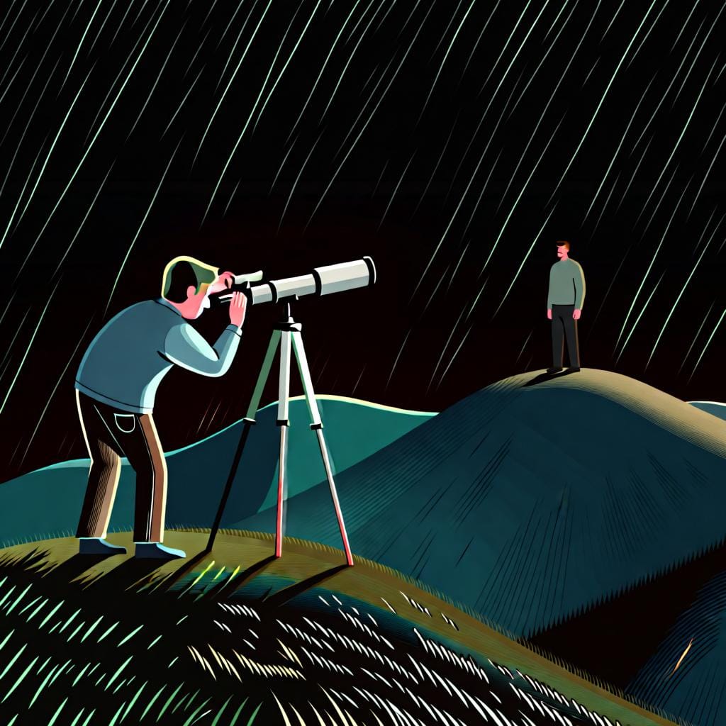 A drawing of a person looking through a telescope at a man on a distant hill, representing a direct action toward a male person.