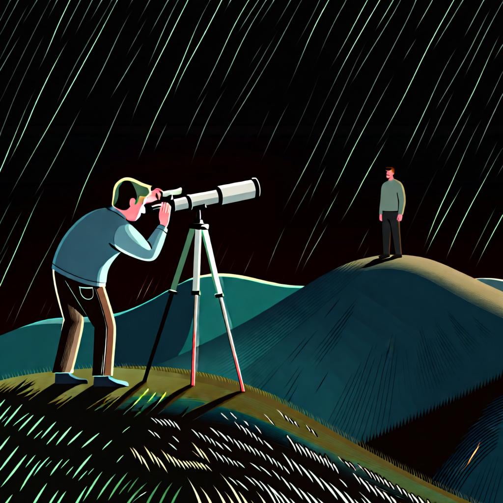 A drawing of a person looking through a telescope at a man on a distant hill, representing a direct action toward a male person.