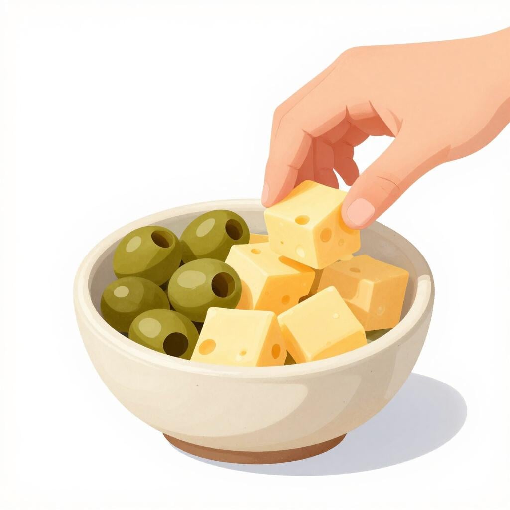 A small bowl filled with colorful olives and cubes of cheese.