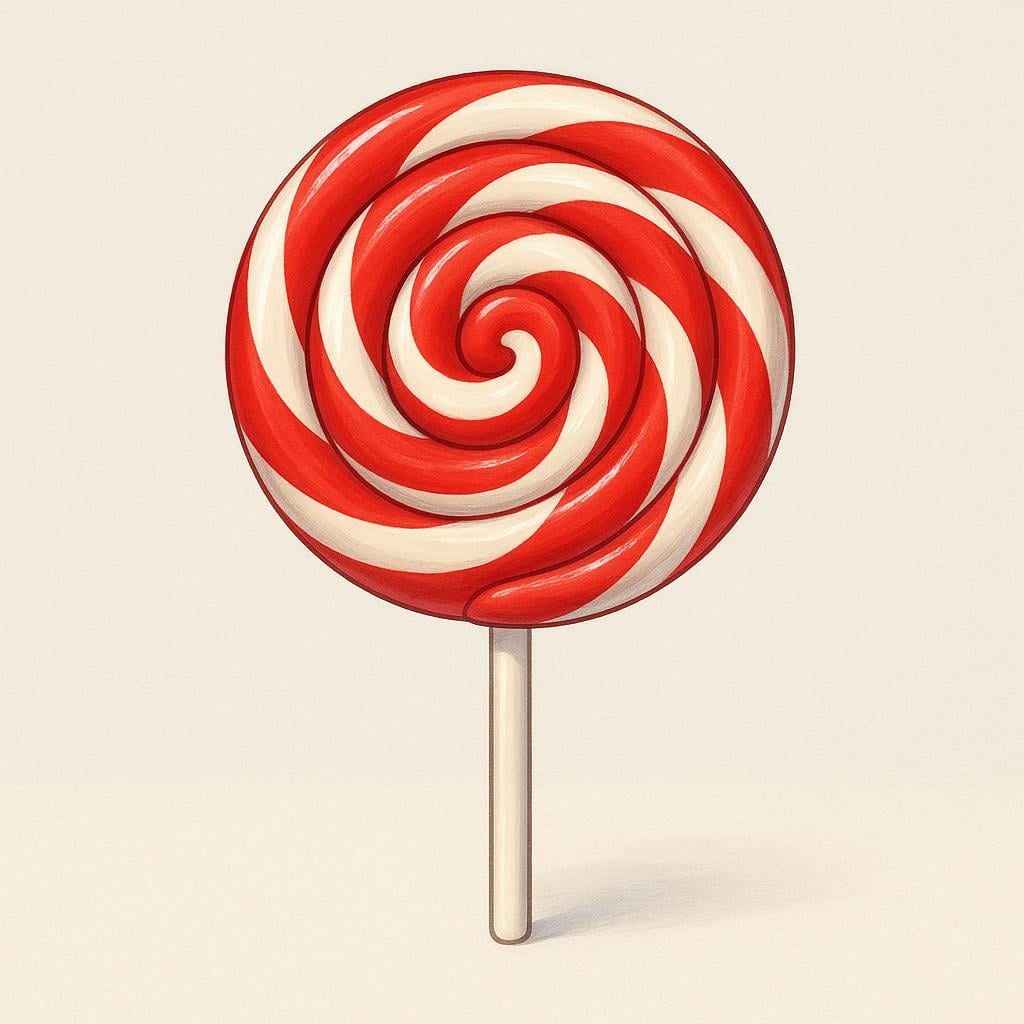 A single, large, perfectly round lollipop with red and white swirls, glistening against a bright background, representing sweet flavor.
