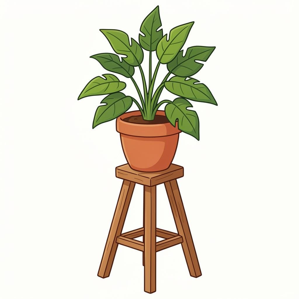 A strong wooden stand holding up a heavy potted plant.