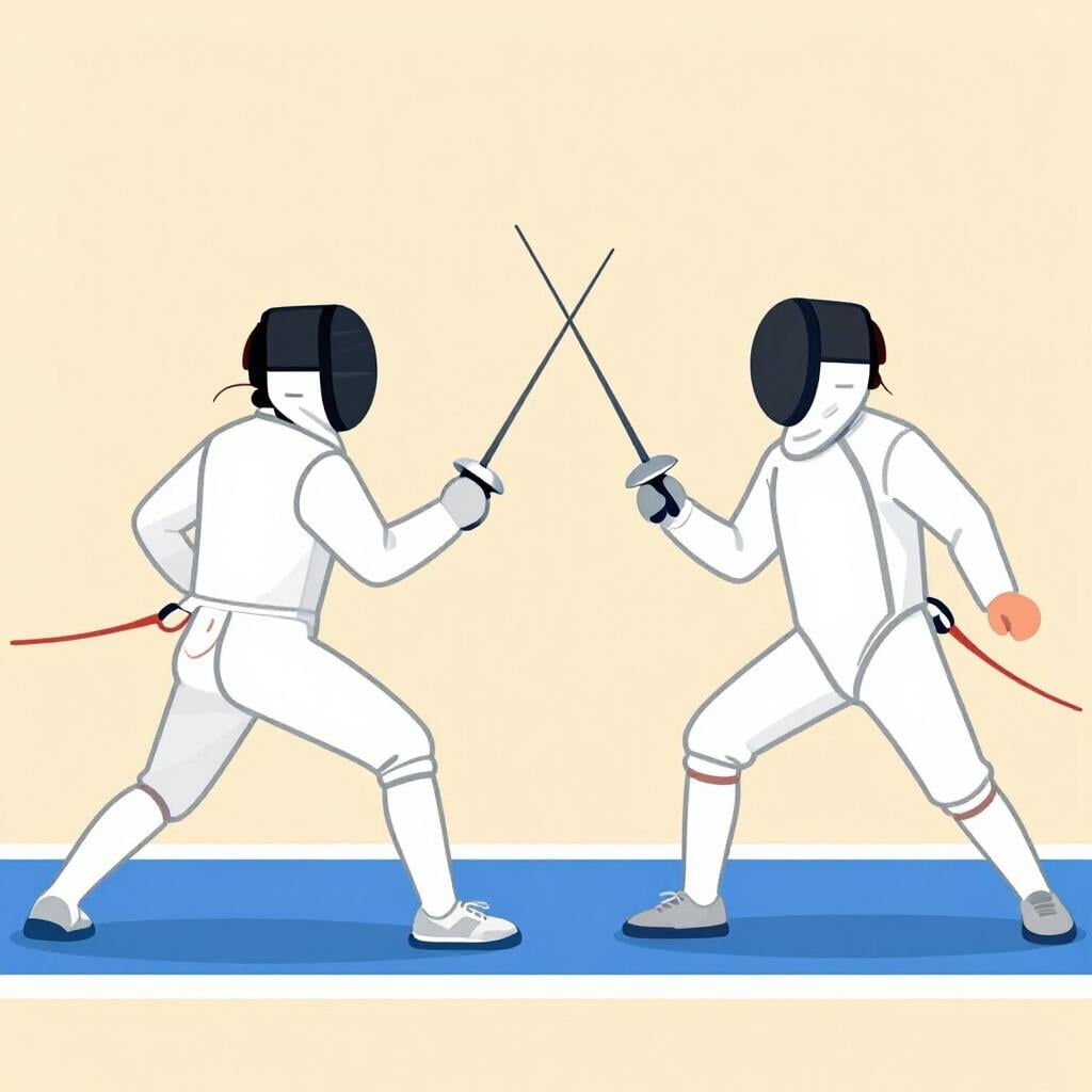 Two fencers in white protective gear facing each other with foils raised, ready for a match.
