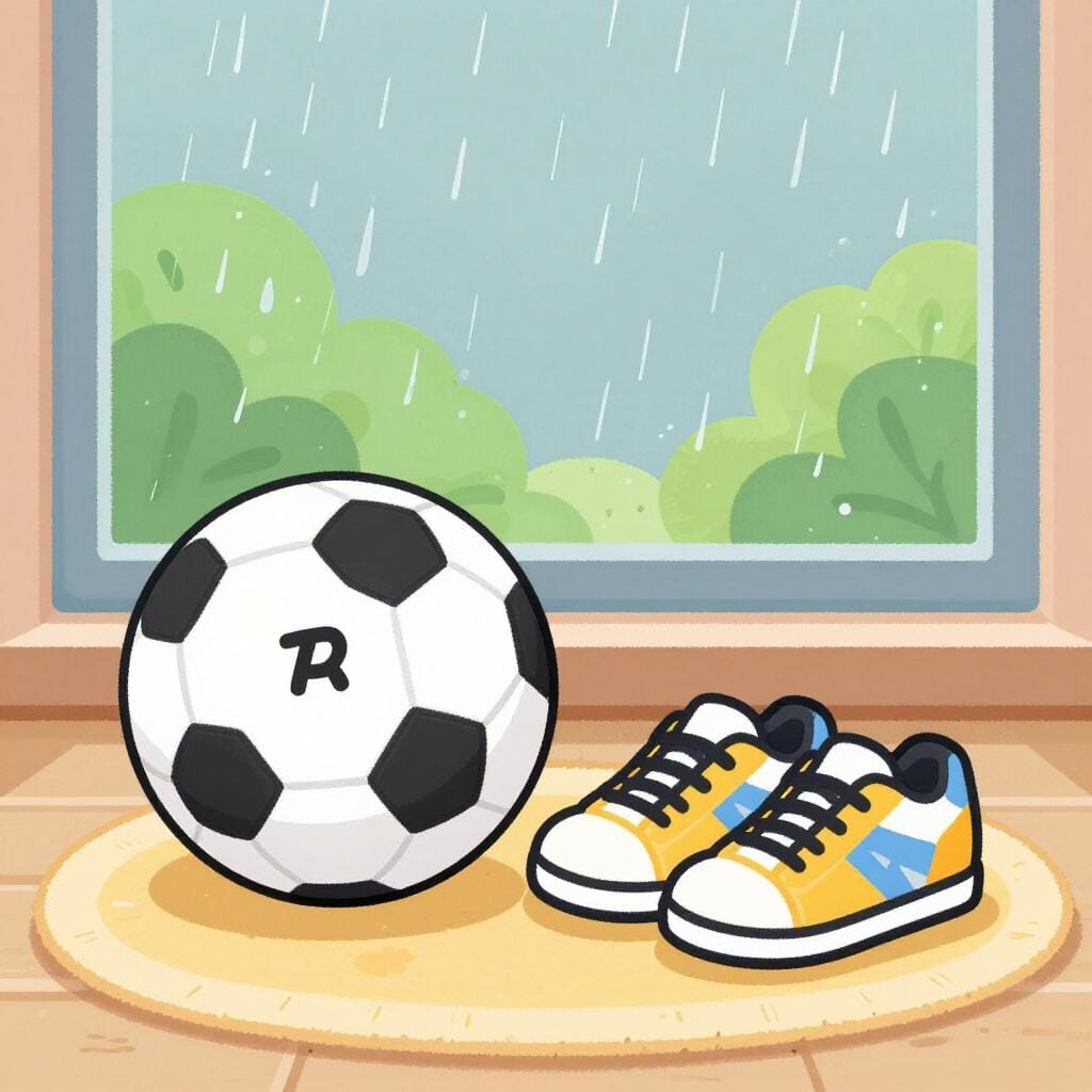A soccer ball and a pair of sports shoes sitting by a window while it rains outside.