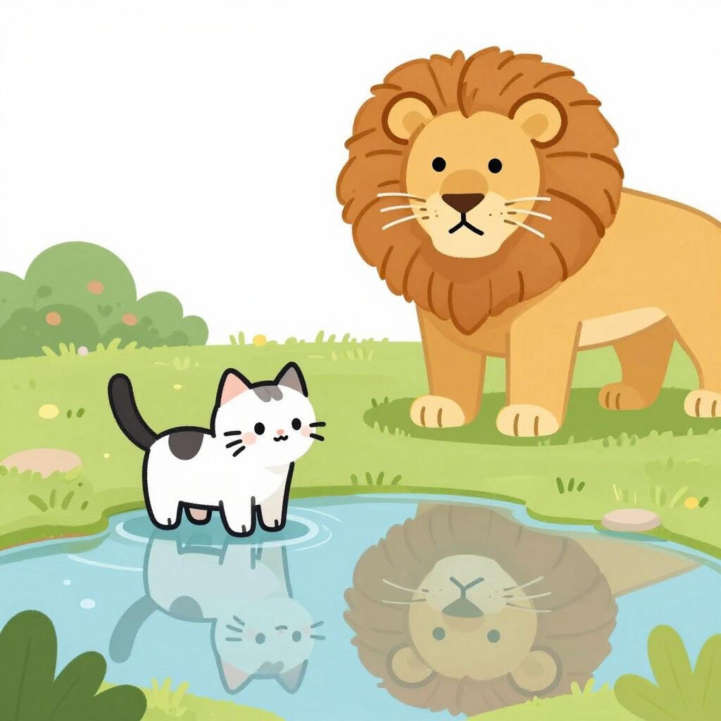 A small cat looking into a puddle and seeing a lion's reflection.