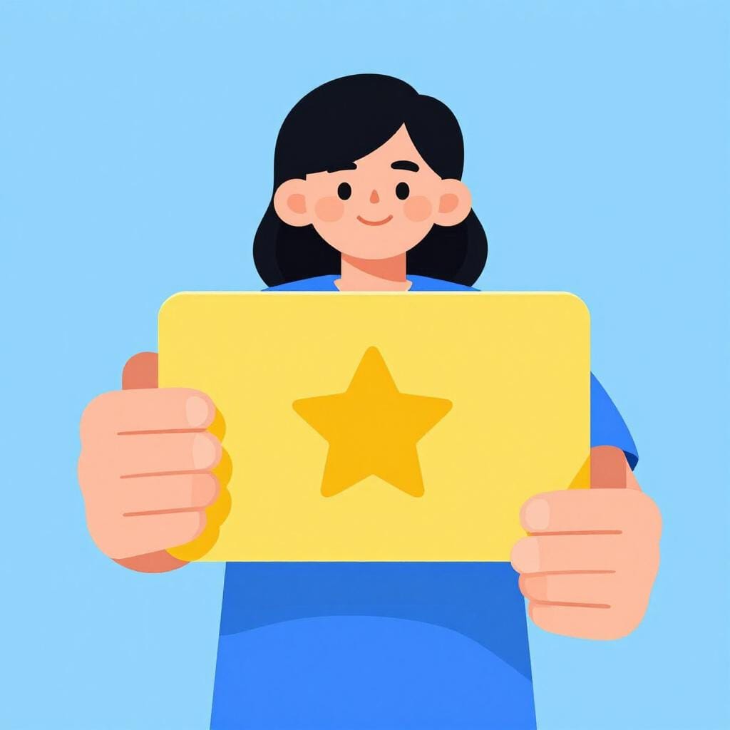 Een vriendelijk persoon die een kleurrijke lidmaatschapskaart met een ster erop omhoog houdt.