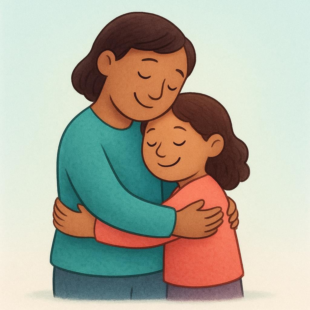 Two smiling figures, one taller and one shorter, sharing a warm, affectionate hug.