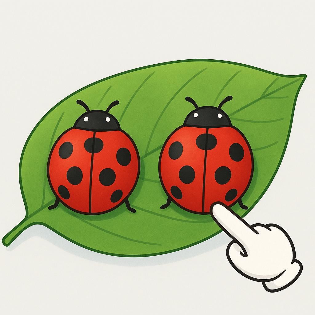 Two identical red ladybugs sitting side by side on a green leaf. A simple cartoon hand points directly at the ladybug on the right.
