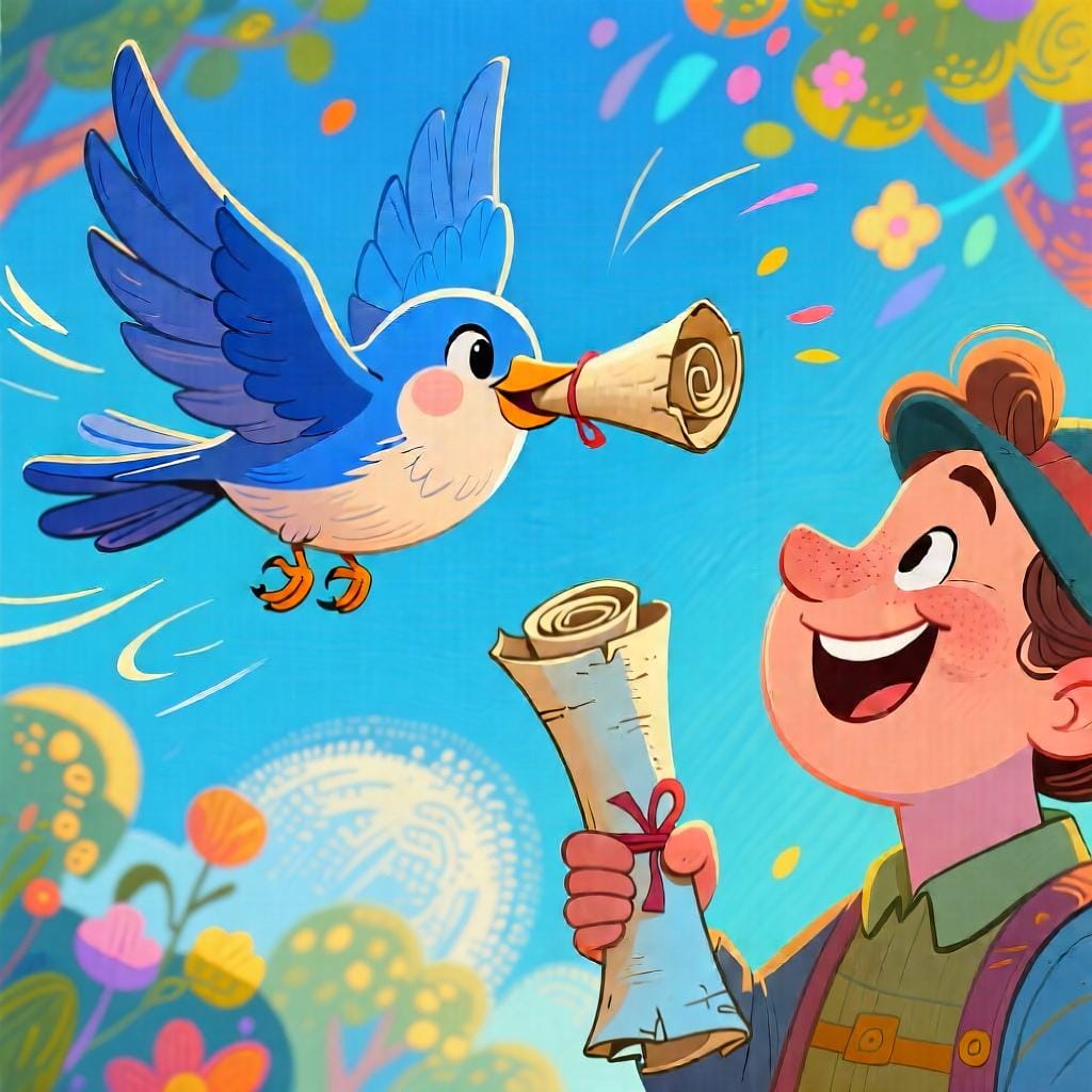 A cheerful messenger bird delivering a tightly rolled parchment scroll to a person waiting expectantly.