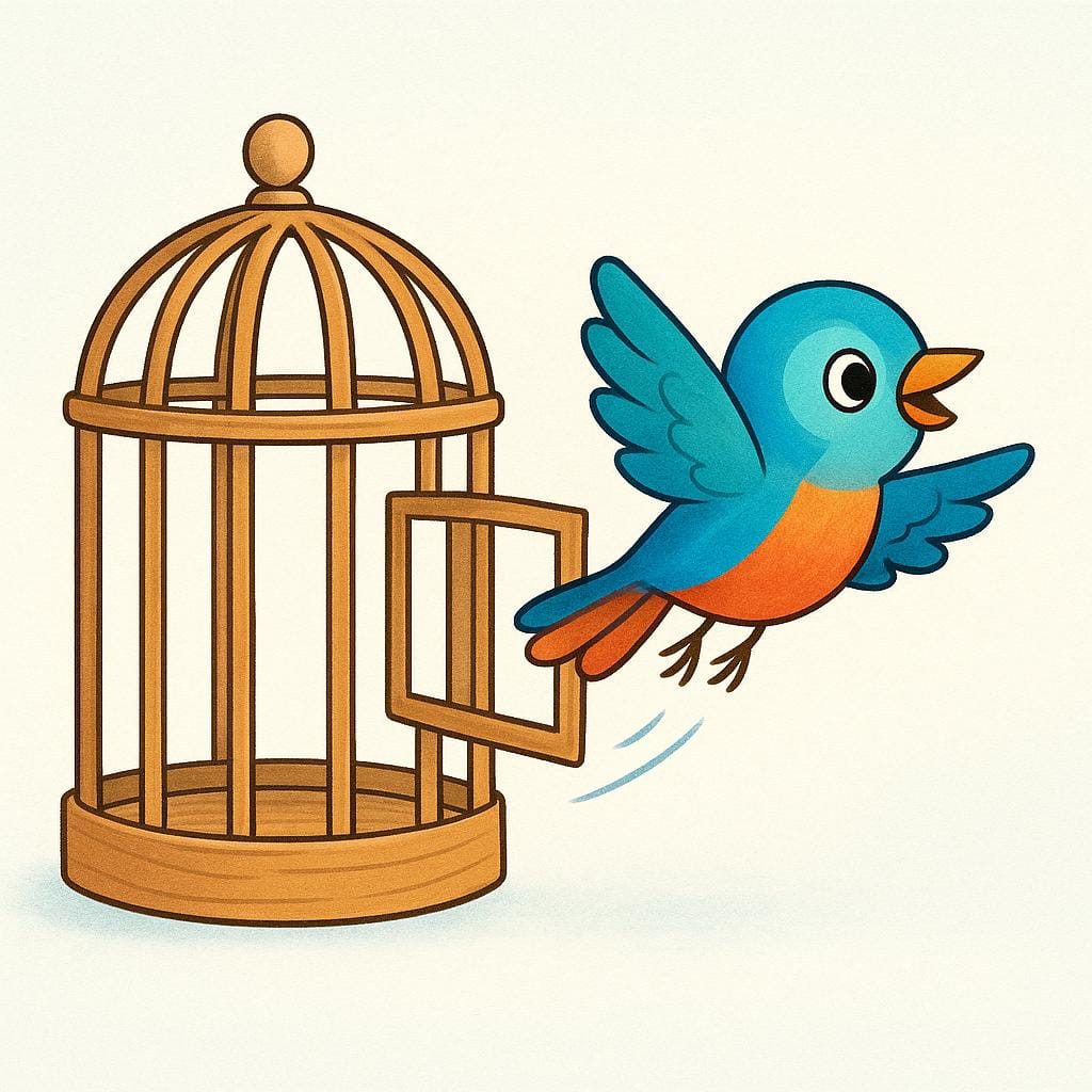 A small, colorful bird flying happily out of an open wooden cage, symbolizing freedom from control.