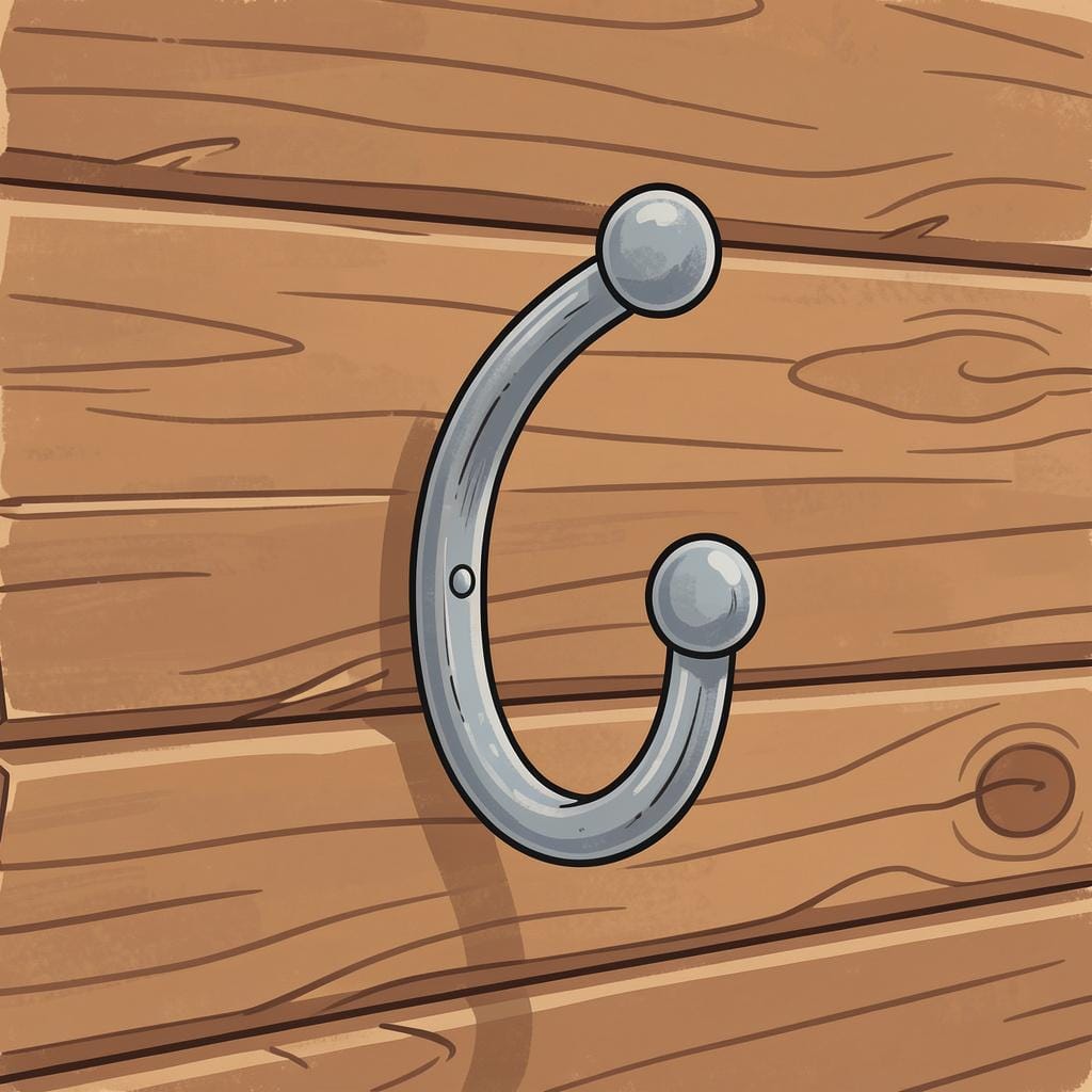 A curved metal hook hanging on a wooden wall.