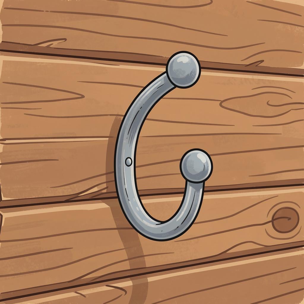 A curved metal hook hanging on a wooden wall.