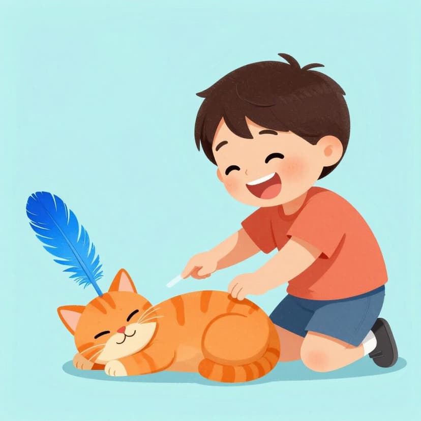 Un enfant espiègle taquinant un chat endormi avec une plume.