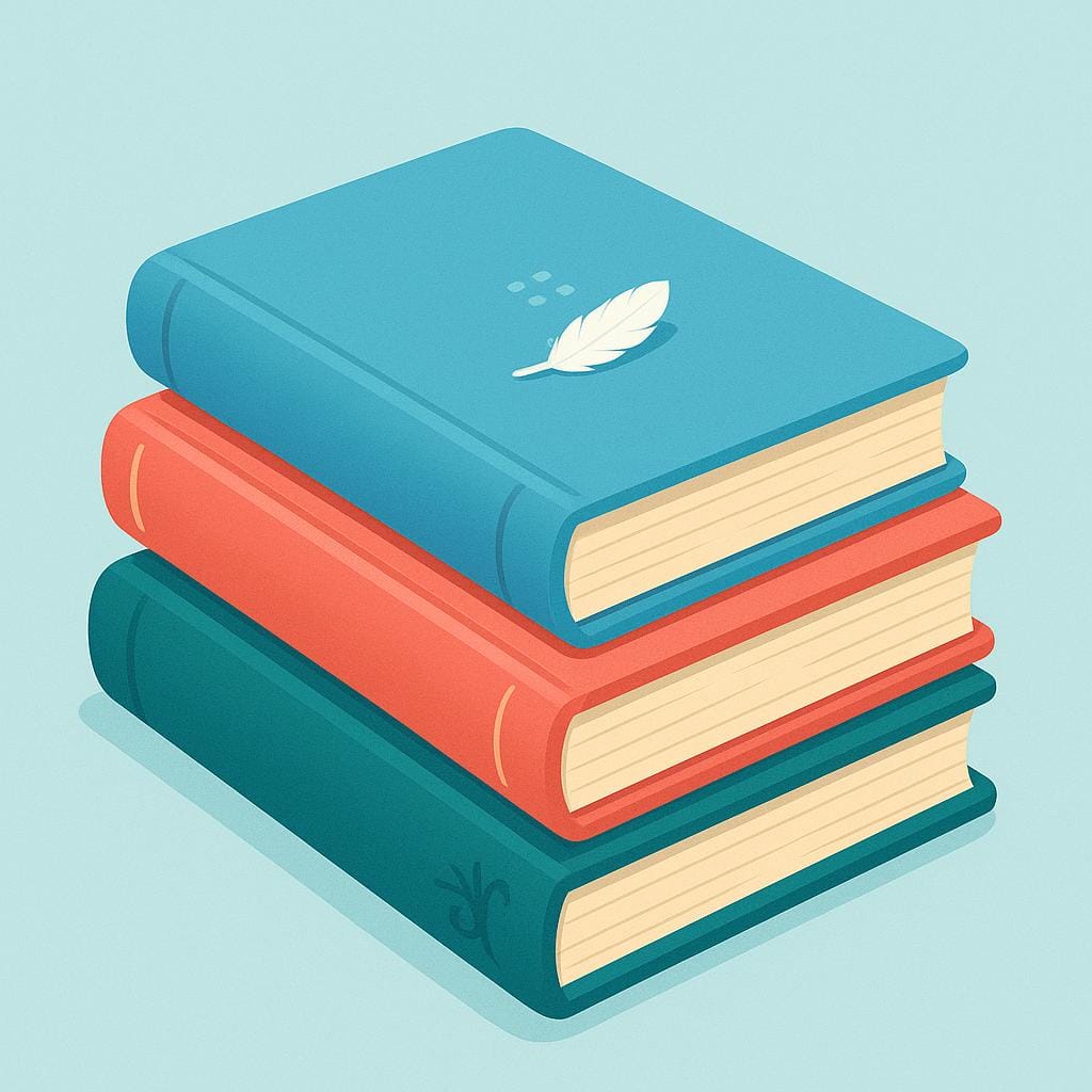 A stack of three large, heavy-looking storybooks balanced perfectly, with a single, tiny, delicate feather resting on the very top book, emphasizing the addition of the feather.