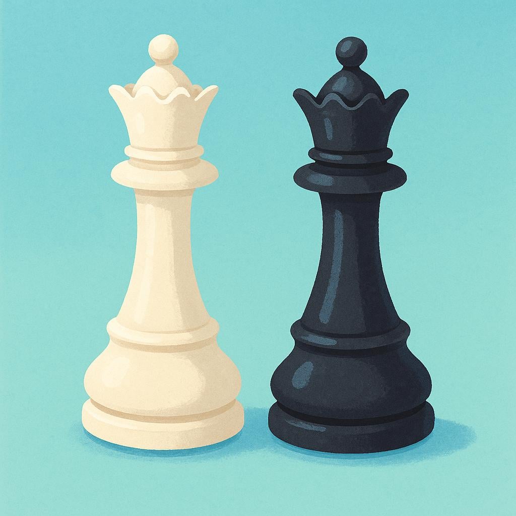Two ornate chess pieces representing queens, one white and one black, standing side by side.