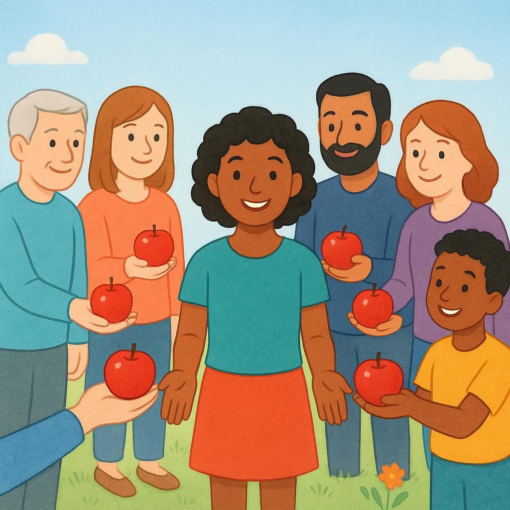 A group of people handing colorful apples to a single person holding out their hands.