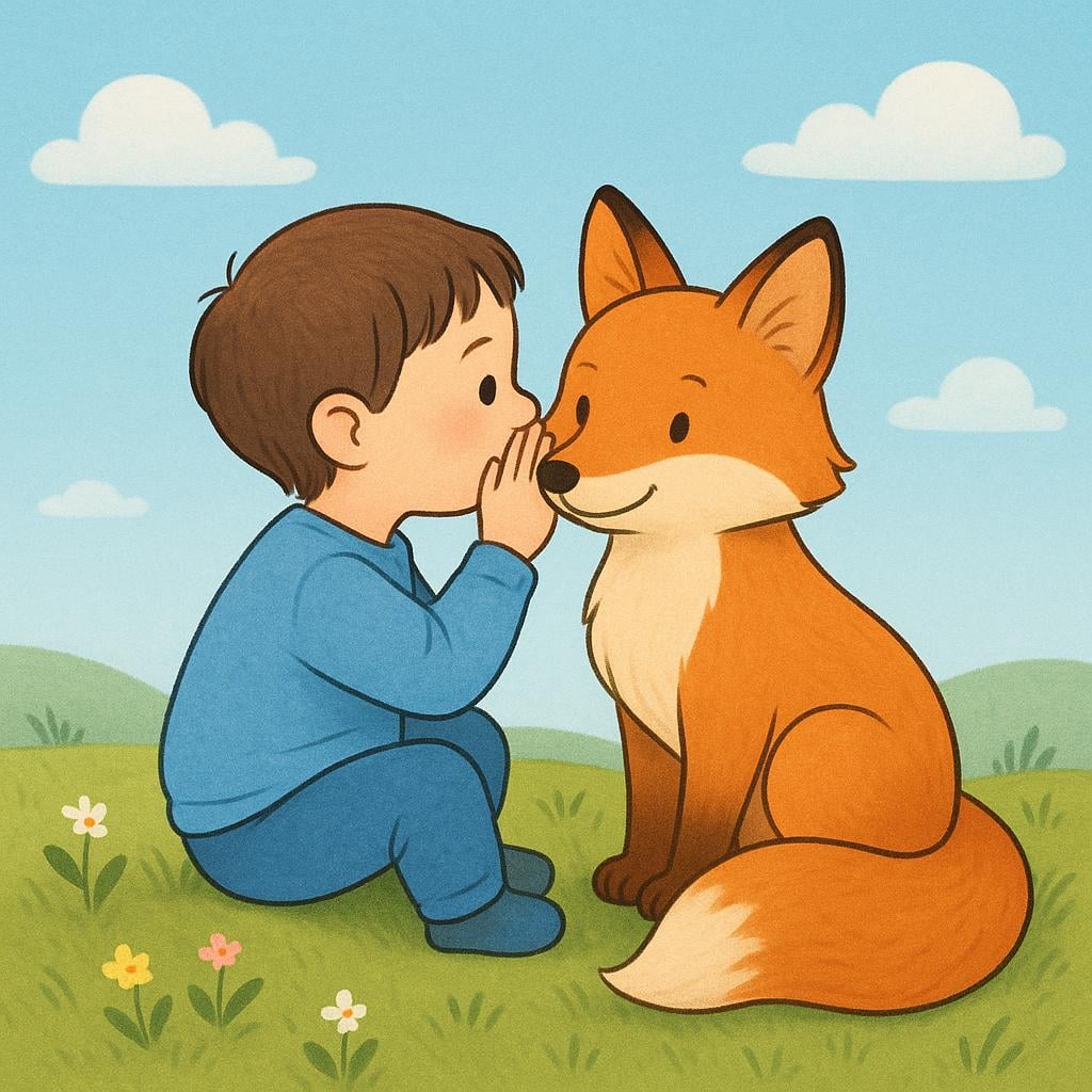 A colorful illustration showing a small child whispering a secret into the ear of a large, attentive fox sitting on a grassy hill.
