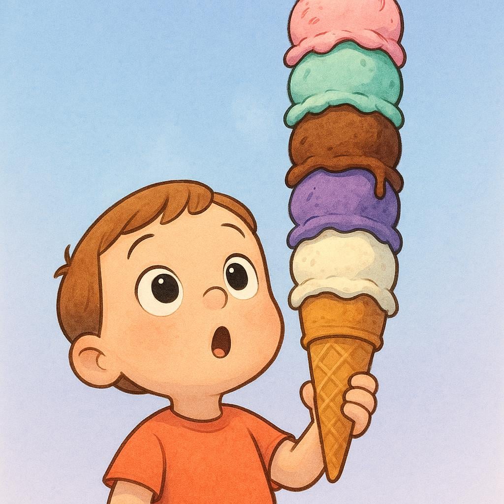 A small child with wide eyes looking up in astonishment at an extremely tall, brightly colored ice cream cone they are holding.