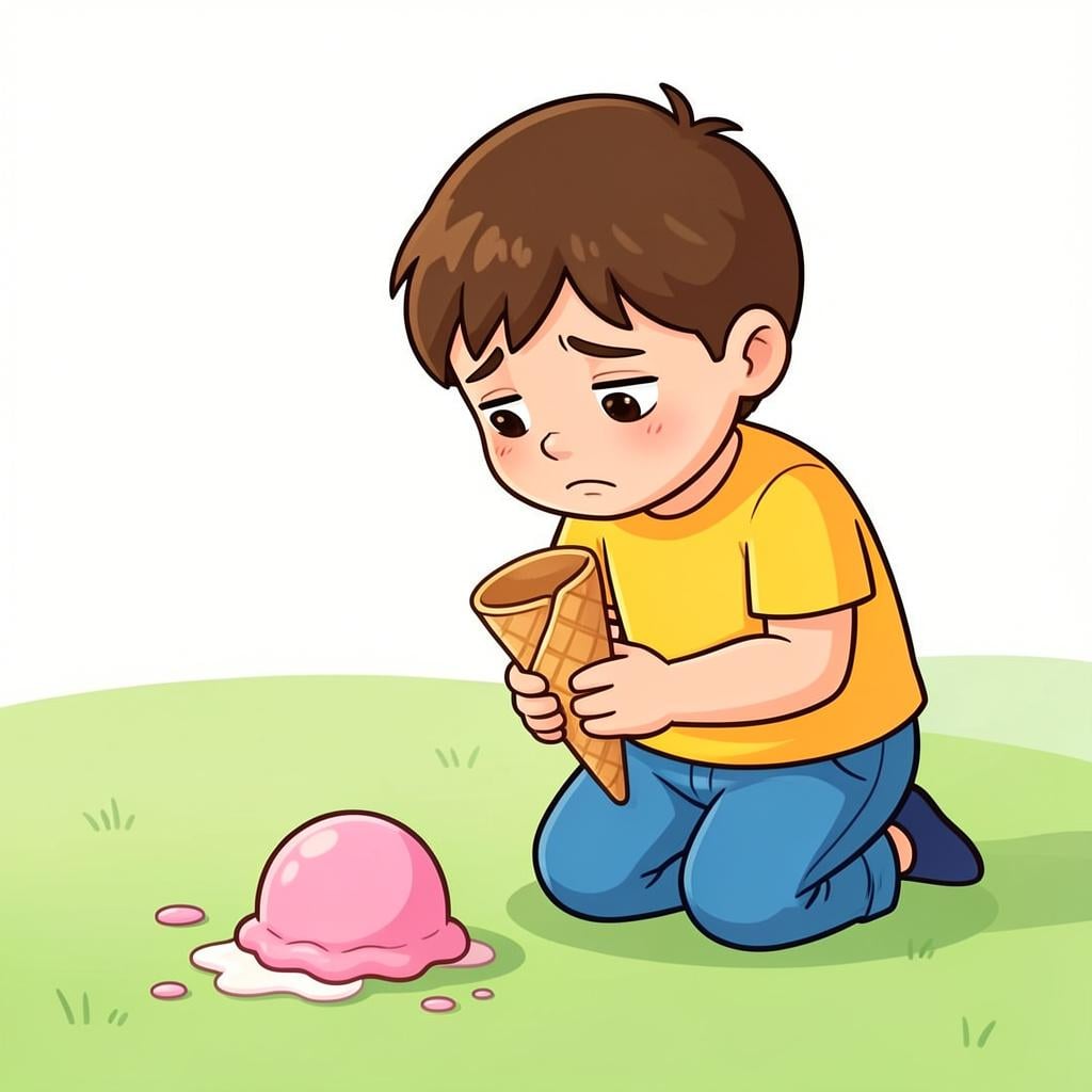 A small child looking sadly at a dropped ice cream cone on the sidewalk.