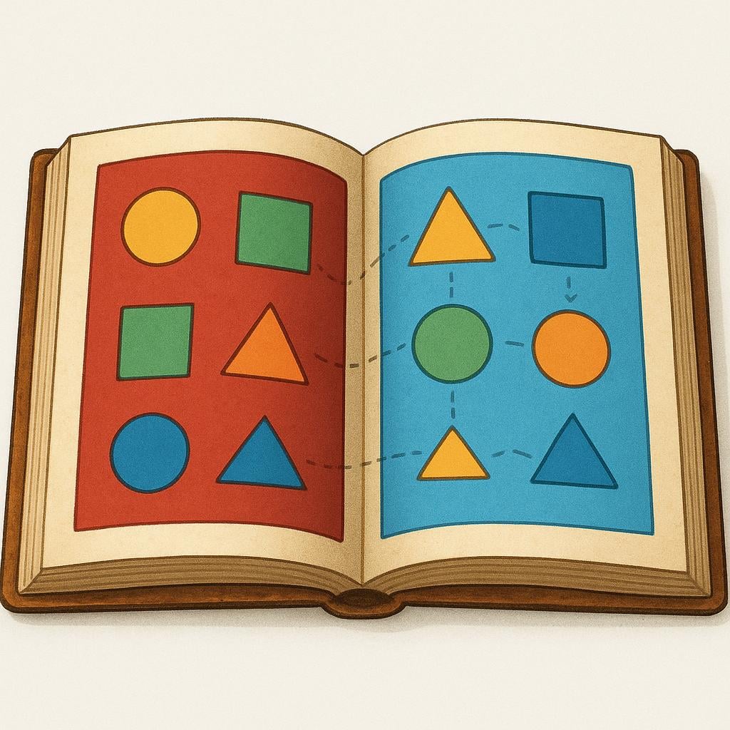 A high quality storybook illustration of an open, antique-looking book. The left page is deep red with simple patterns, and the right page is bright blue with different simple patterns, symbolizing a completed translated document.