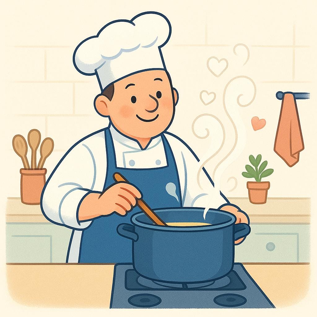 A friendly cartoon chef stirring a steaming pot on a kitchen stove, illustrating the preparation of food.