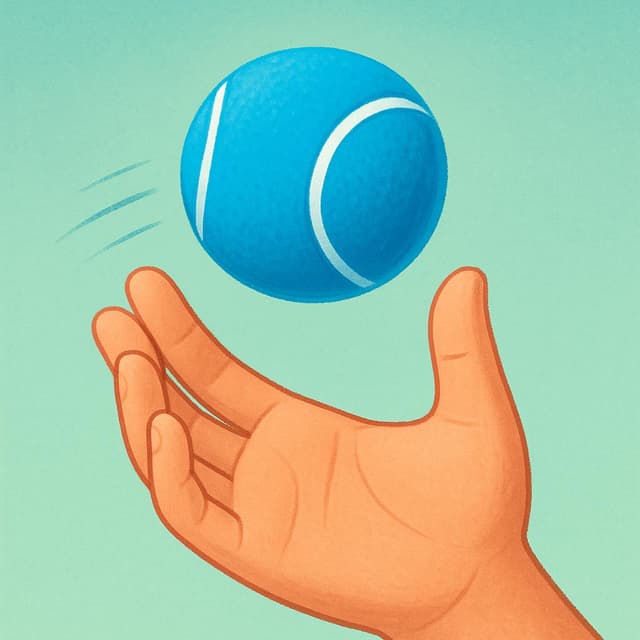 A hand reaching out and successfully catching a bright blue ball mid-air.