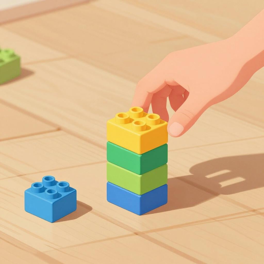 A hand pulling away from a stack of colorful toy blocks, leaving them undisturbed.