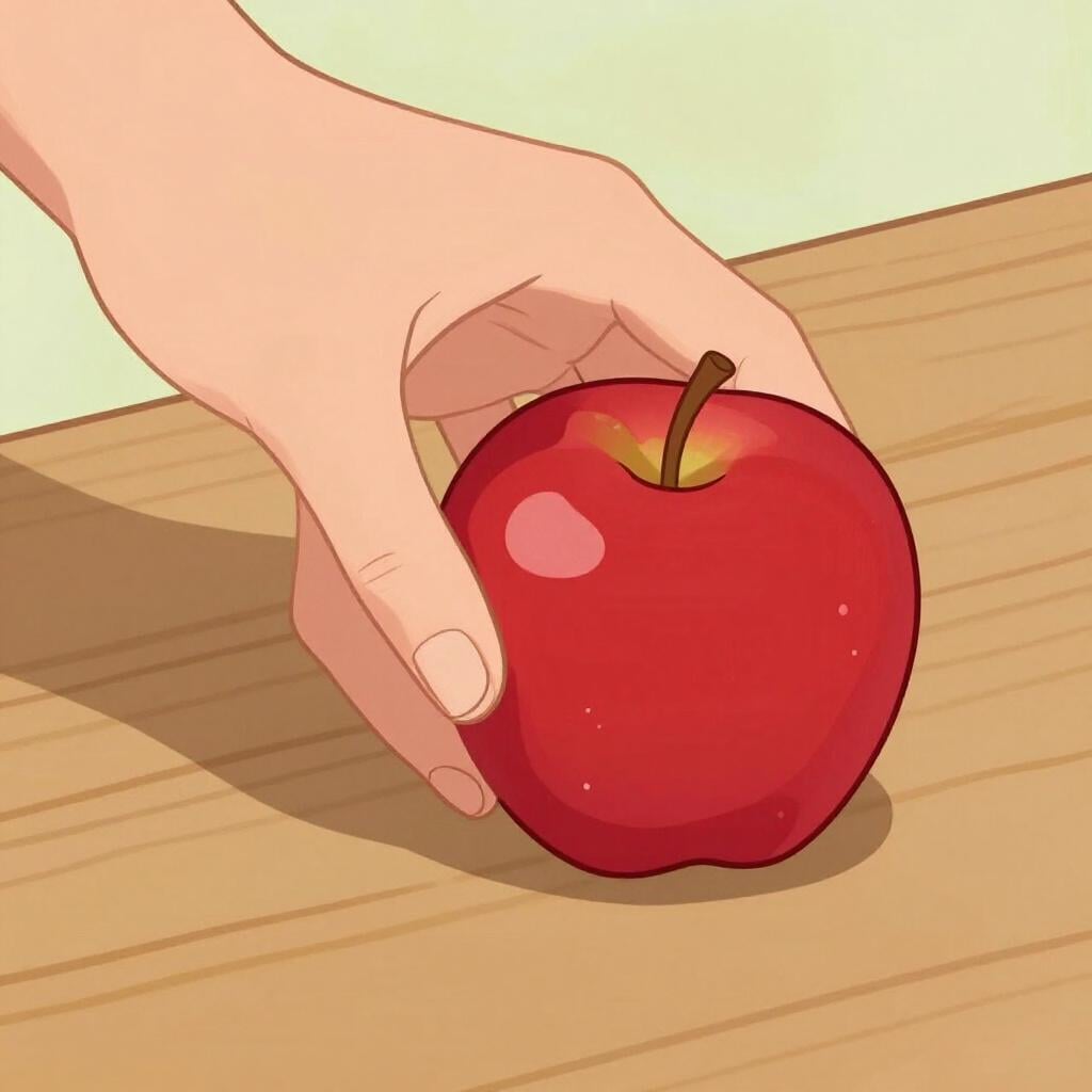 A person's hand carefully placing a bright red apple onto a clean wooden table.