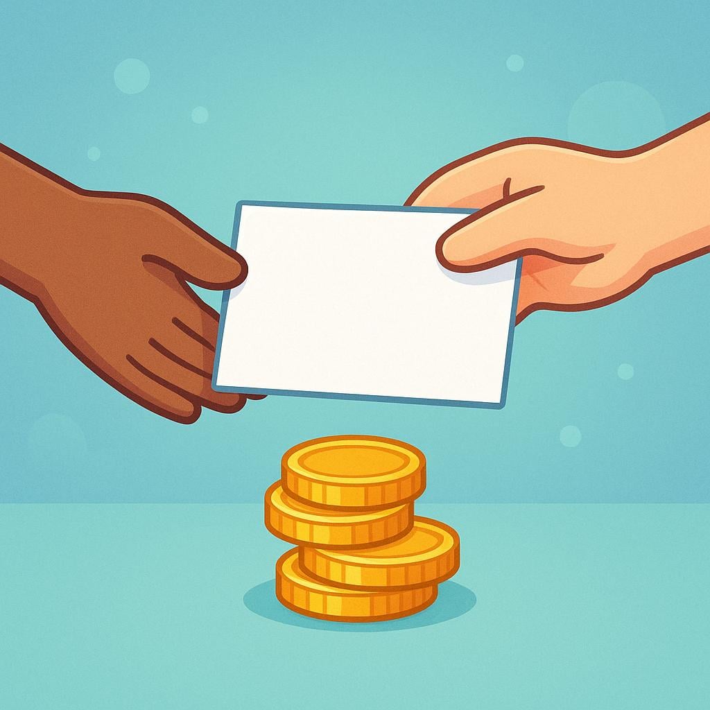 Two cartoon hands exchanging a rectangular white paper document above a small pile of gold coins, symbolizing a transfer of value.