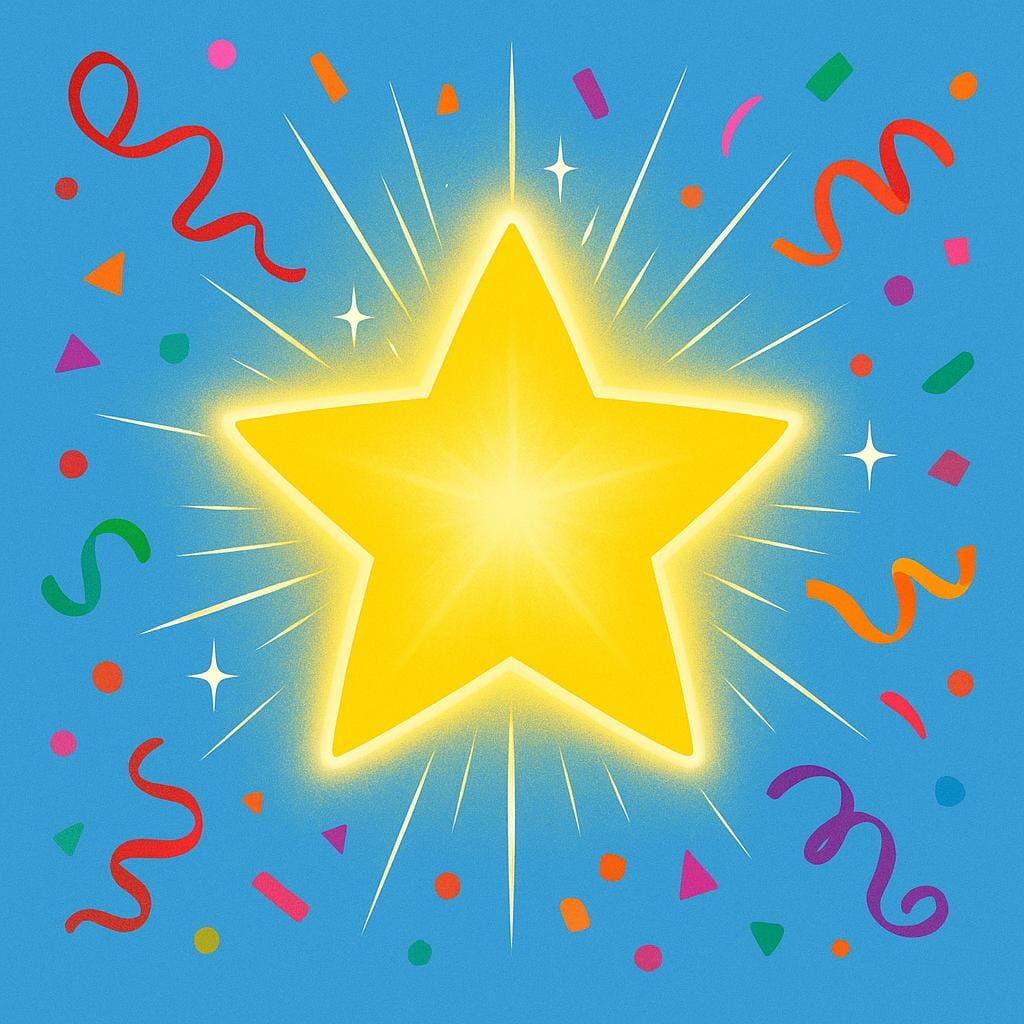 A single, bright yellow star sparkling intensely and radiating light, surrounded by colorful celebratory confetti, representing something fantastic.