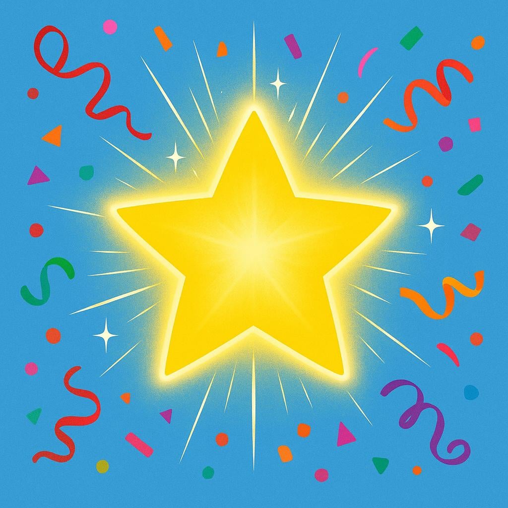 A single, bright yellow star sparkling intensely and radiating light, surrounded by colorful celebratory confetti, representing something fantastic.