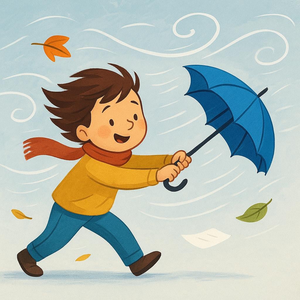 A powerful gust of wind blowing a small umbrella away from a person.