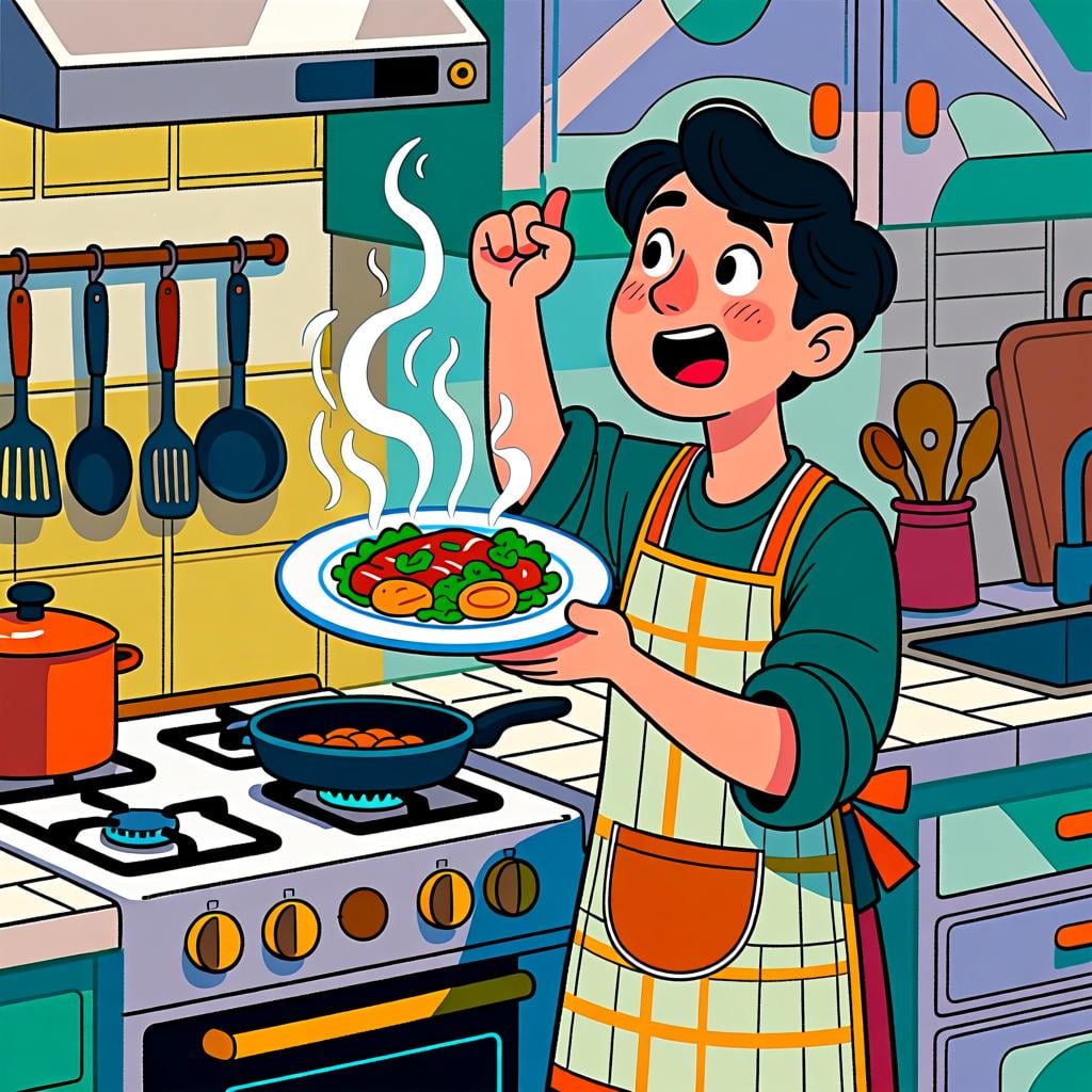 A person wearing a chef's hat proudly presenting a freshly cooked meal in a clean, colorful kitchen.