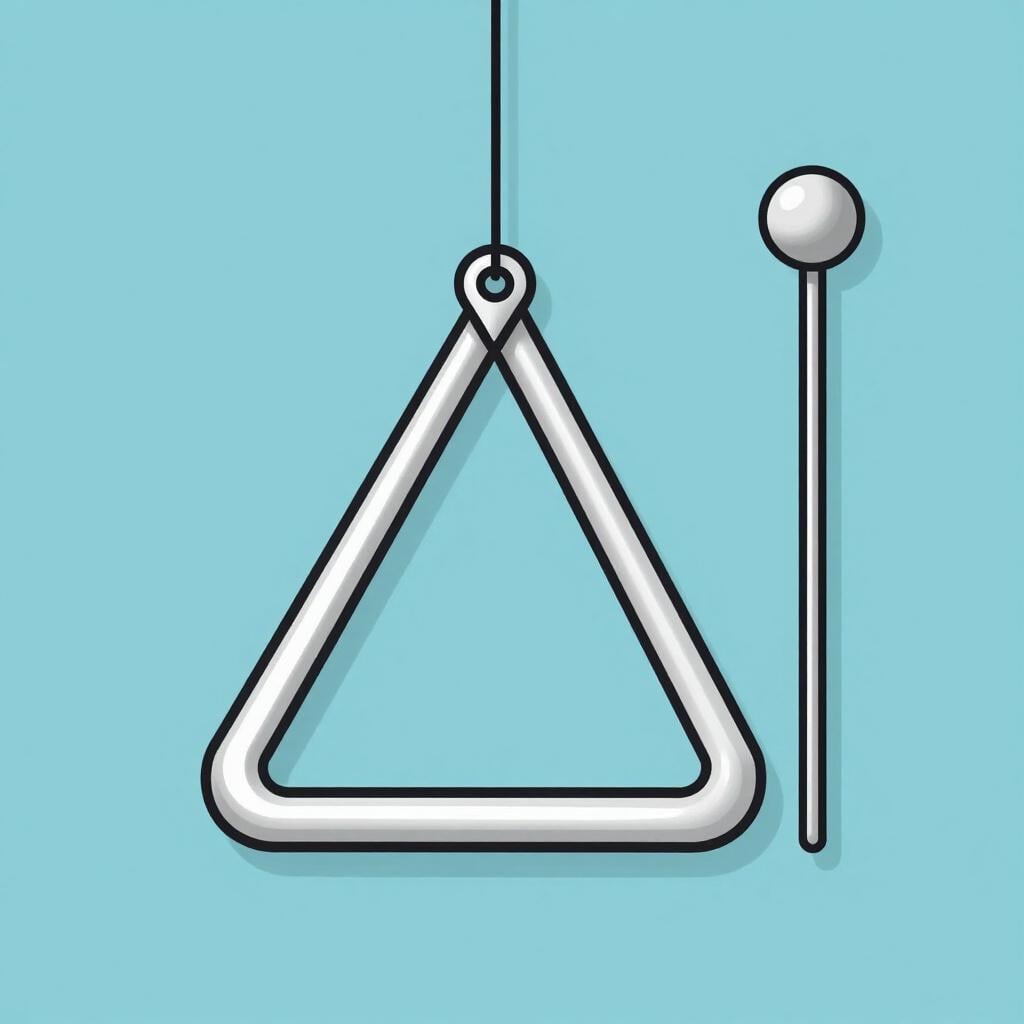 Ein hängendes silbernes Musikdreieck aus Metall mit einem Metallschlägel daneben.