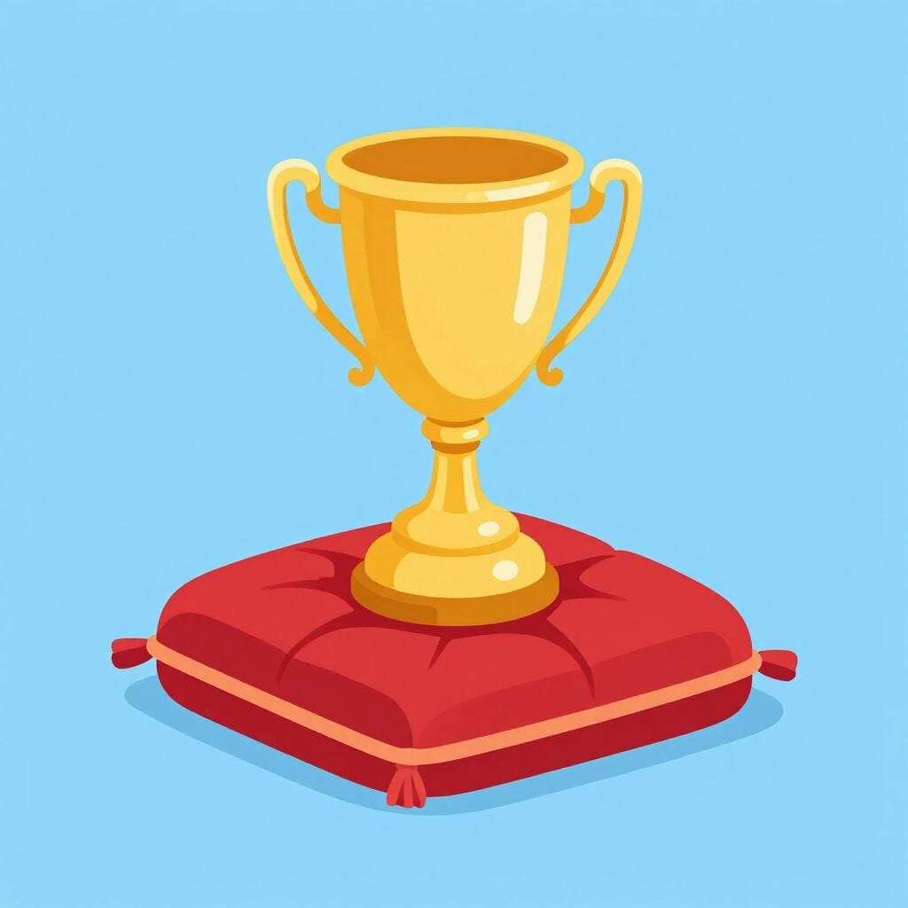 Un'illustrazione di alta qualità di un trofeo dorato scintillante appoggiato su un cuscino rosso vellutato.