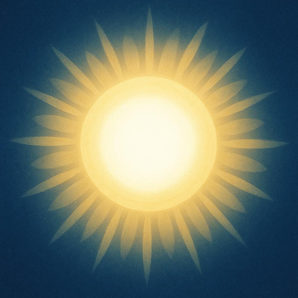 A high-quality illustration of a single, massive, brilliant white light source radiating intense golden rays outward, set against a deep, dark background.