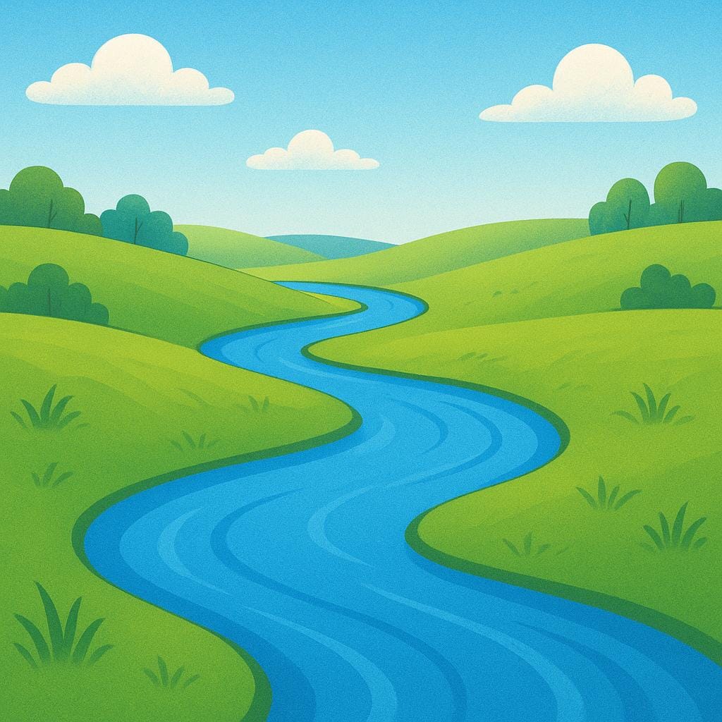 A continuous, gently flowing blue river winding through a sunny green landscape, symbolizing something that is always present or happening.