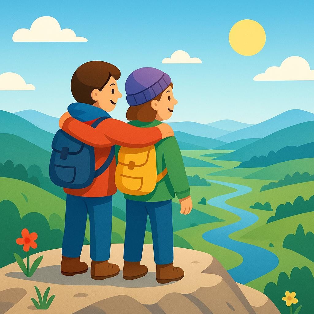 Deux randonneurs de dessin animé se tenant ensemble triomphalement sur un sommet de montagne ensoleillé, surplombant une vaste vallée, symbolisant un emplacement futur.