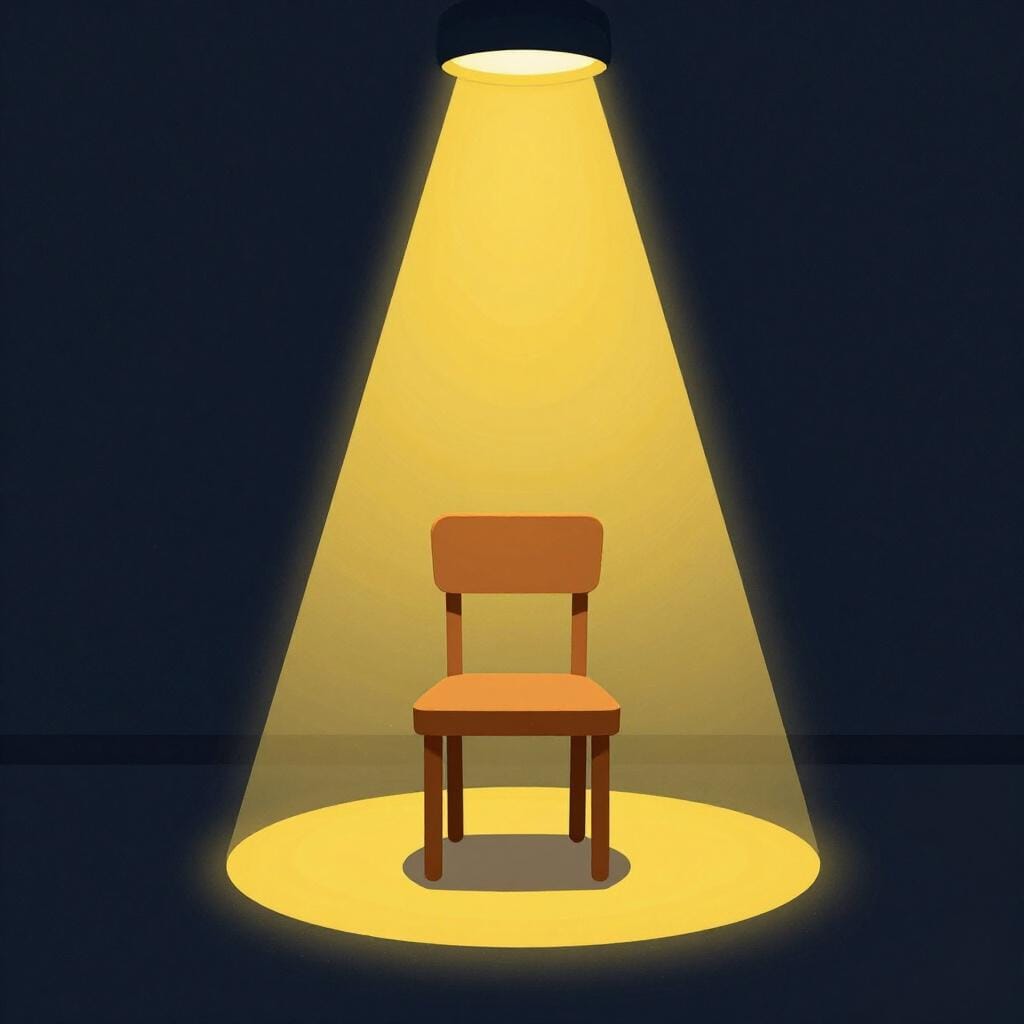 Un projecteur brillant éclairant une chaise en bois vide dans une pièce sombre.