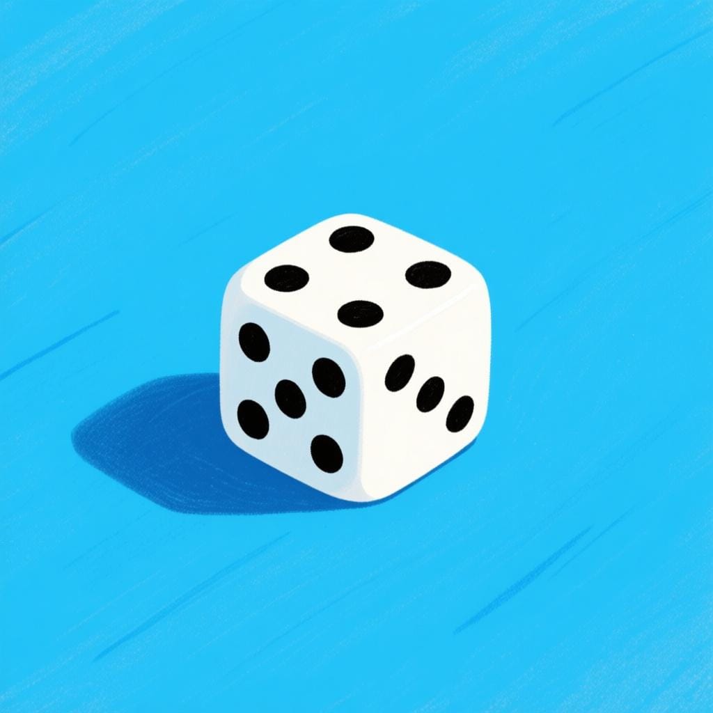 A single, white, six-sided gaming die with black dots showing the number six on the top face, resting on a colorful table.