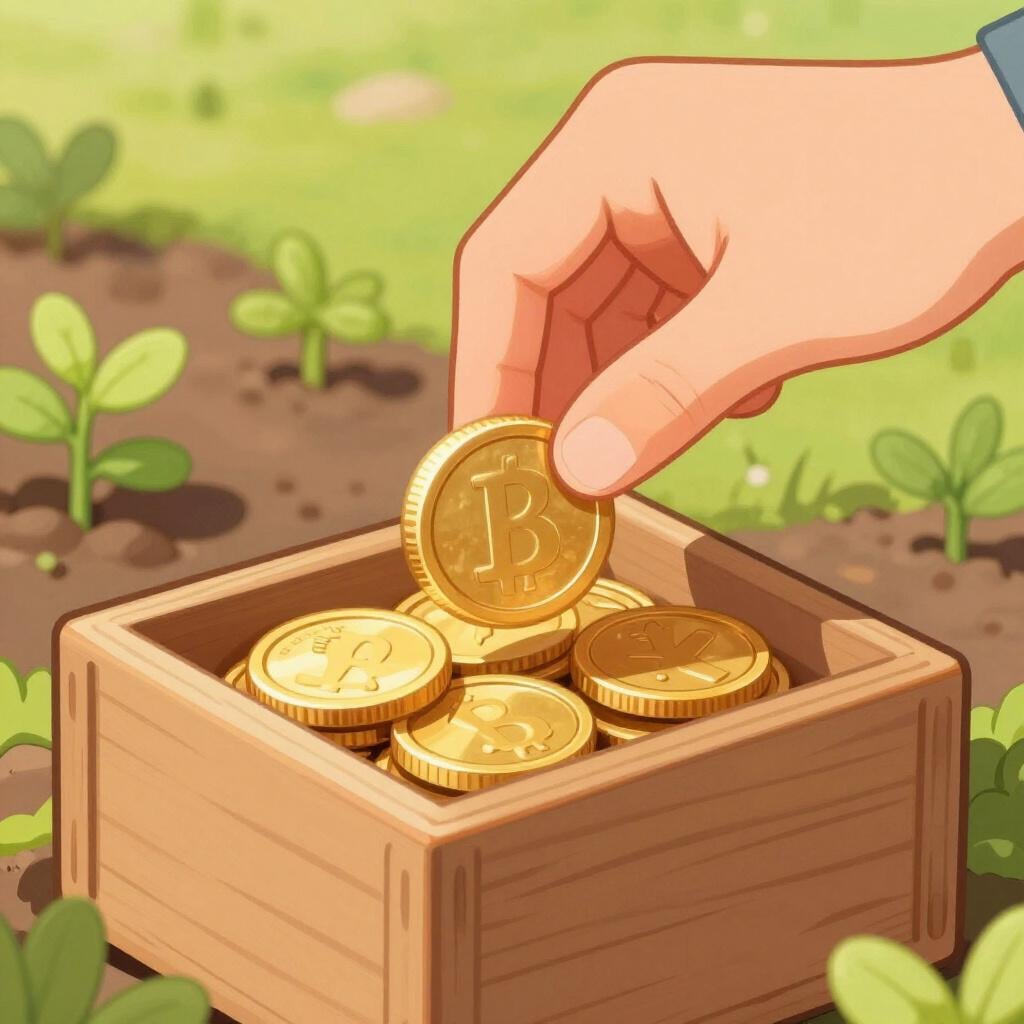 A person placing a bright gold coin into a donation box for a community garden.