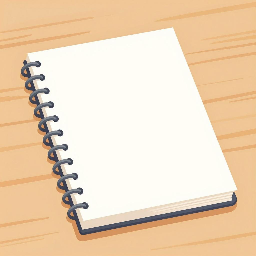 A colorful spiral-bound notebook with a blank cover sitting on a wooden desk.