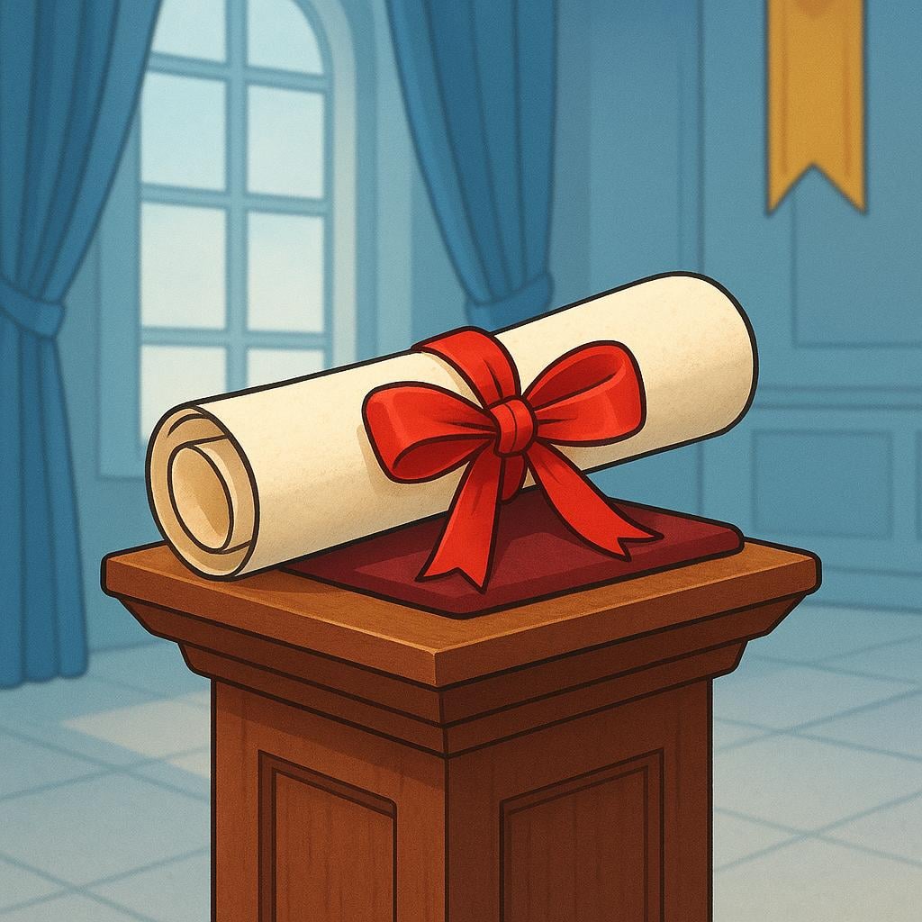 A formal, official-looking document or scroll tied with a ribbon, resting on a pedestal, symbolizing an official appointment or duty.