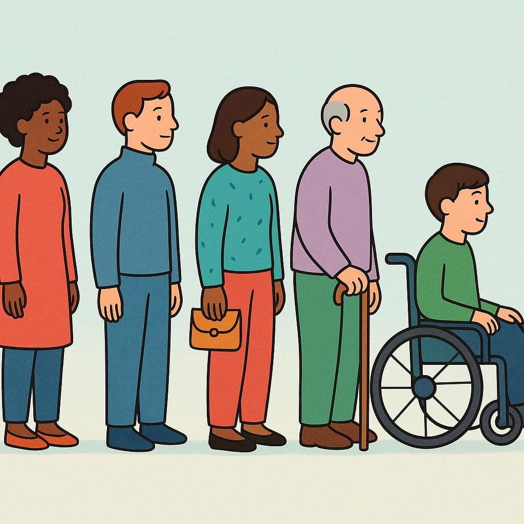 Eine hochwertige, einfache, farbenfrohe Bilderbuchillustration, die fünf verschiedene, einfach gezeichnete Personen zeigt, die in einer geraden, geordneten Schlange geduldig warten.