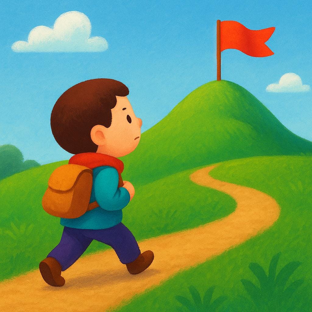 A determined cartoon hiker taking a step forward on a path, looking up toward a flag planted on a hill, symbolizing progress.