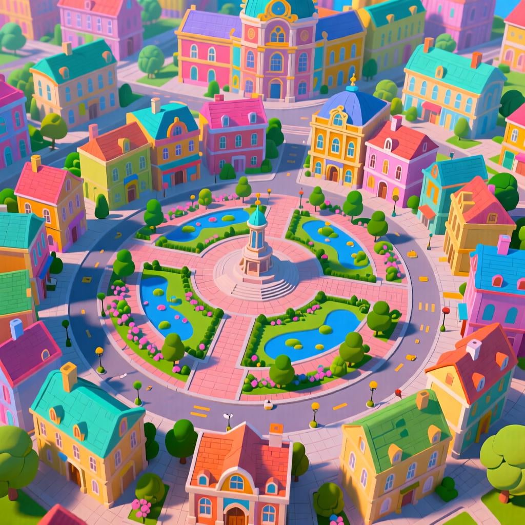 A high-angle view of a colorful, sprawling city landscape where a beautiful, distinct plaza or town square is located precisely at the geographical center.